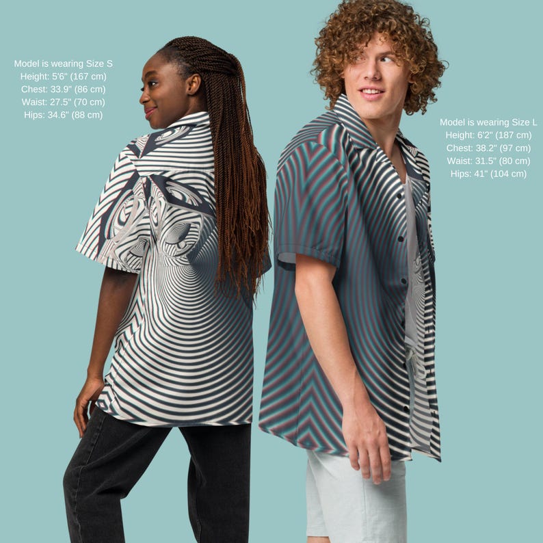 May include: Two models wearing short-sleeved button-down shirts with a black and white striped pattern. The shirt on the left has a swirling design, while the shirt on the right has a more geometric design. The model on the left is wearing size S and the model on the right is wearing size L.