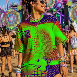 Neon Glitchcore AOP Shirt, Psychedelic Green Rave Tee, UV Reactive Festival Outfit