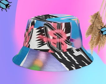 Trippy Street Art Music Festival Bucket Hat, Large Funny Colorful Bucket Hat, Aesthetic Streetwear Clothing