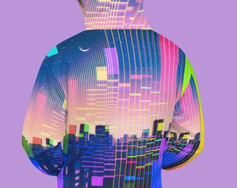 Pastel Neon Vaporwave Hoodie Anime Cityscape Hooded Sweatshirt Retro Glitch Art Pullover Hoodie Unique Streetwear Warm Festival Clothes