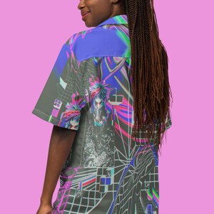 May include: A short-sleeved button-up shirt with a colorful, abstract print featuring geometric shapes and a glitch effect. The shirt is made of a lightweight fabric and has a relaxed fit.