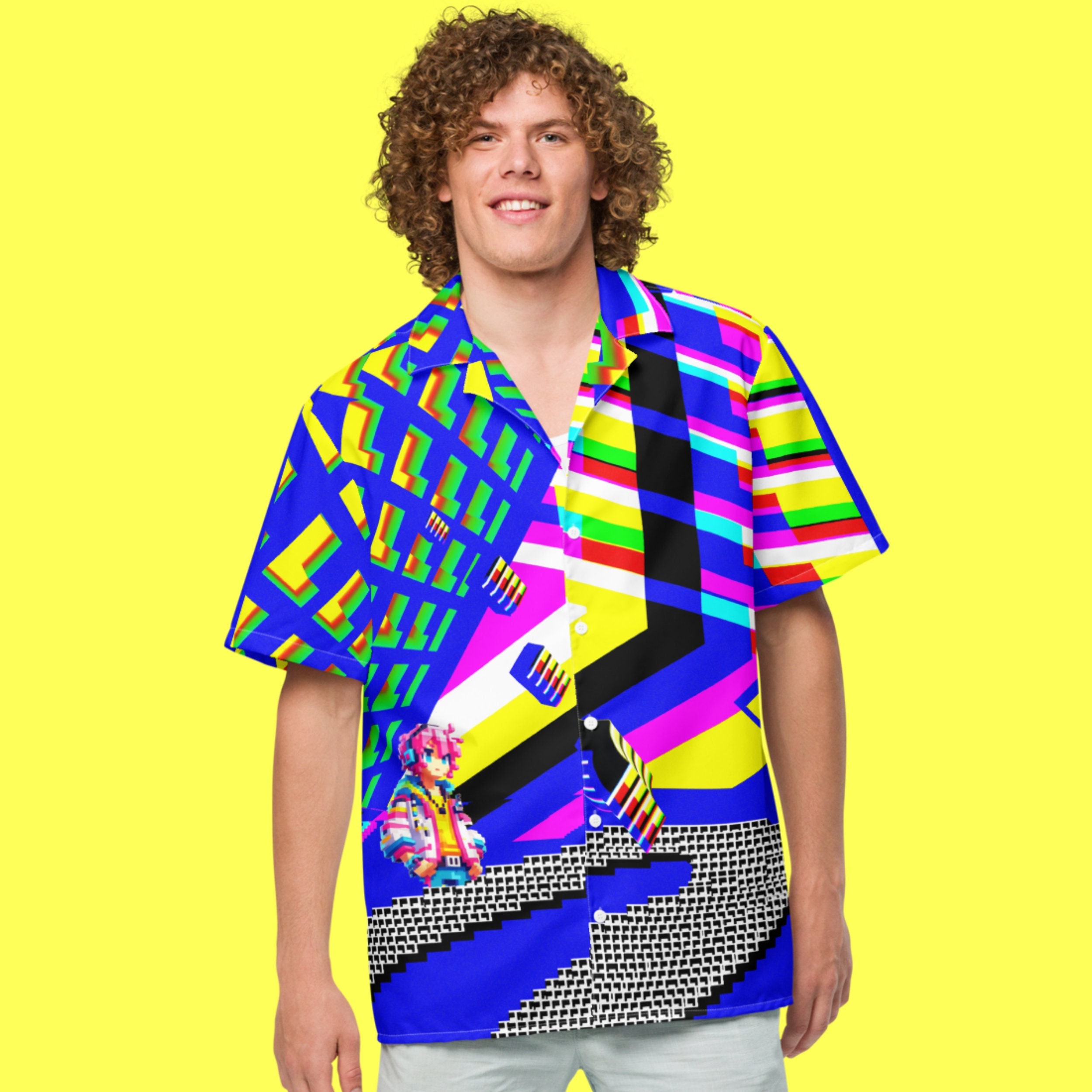 Funky 90s Partywear Hawaiian Shirt Oversized RGB Arcade Shirt 