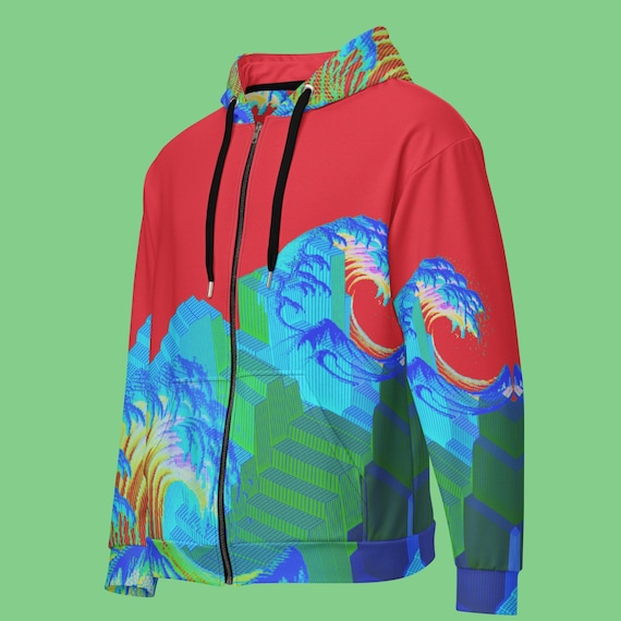 Japanese Wave Hoodie Full Zip up Cyberpunk Techno Hoodie