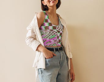 Glitchcore Crop Top, Frutiger Aero Y2K Tank Top, Vaporwave Checkerboard Shirt
