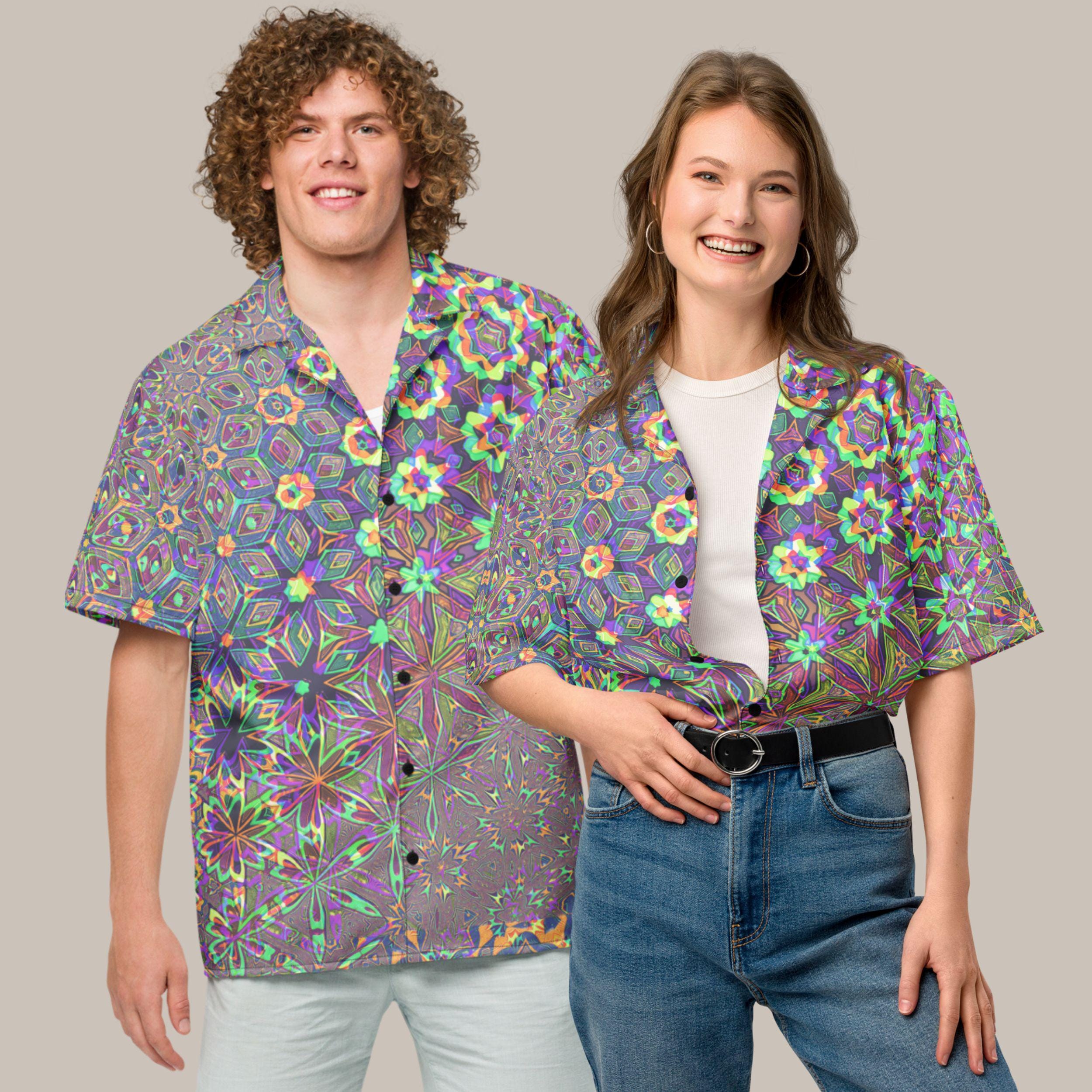Sacred Geometry Rave Shirt, Neon Mandala Button-up Shirt, Funky
