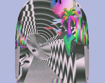 Pixel Palm Glitch Backpack, Trippy Vaporwave Cyberpunk Bag