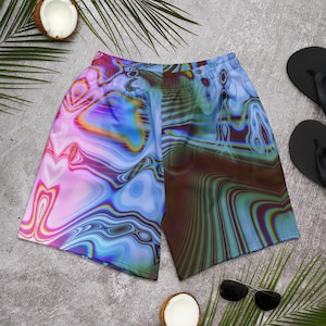 Acid Wave Rave Shorts, Trippy Neon Beach Trunks, Eco Friendly Activewear Shorts, Psychedelic EDM Festival Bottoms, Oil Slick Swim Shorts