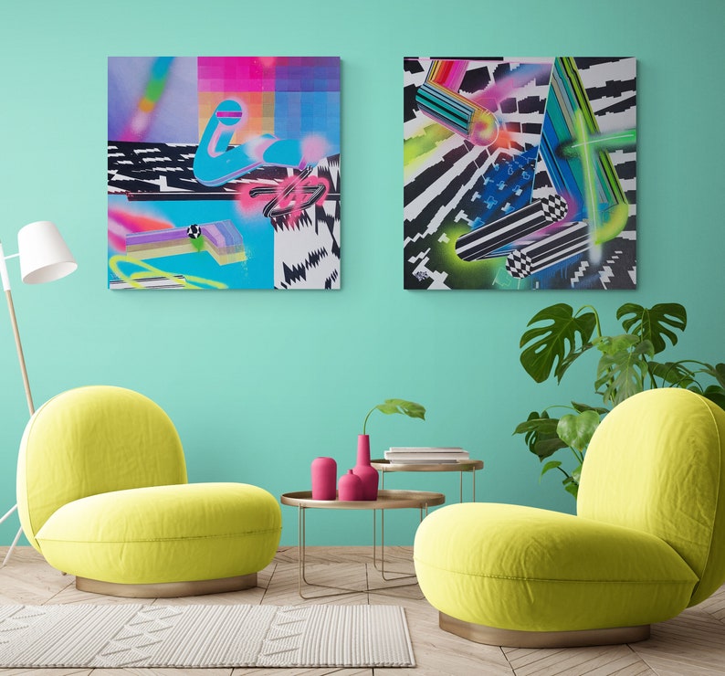 Abstract Wall Art Set Of 2, Pop Art Painting, Retro Living Room Wall Art image 1