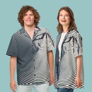 May include: Two people wearing short-sleeved button-down shirts with a black and white optical illusion pattern. The pattern features a swirling, hypnotic design with red and blue accents.
