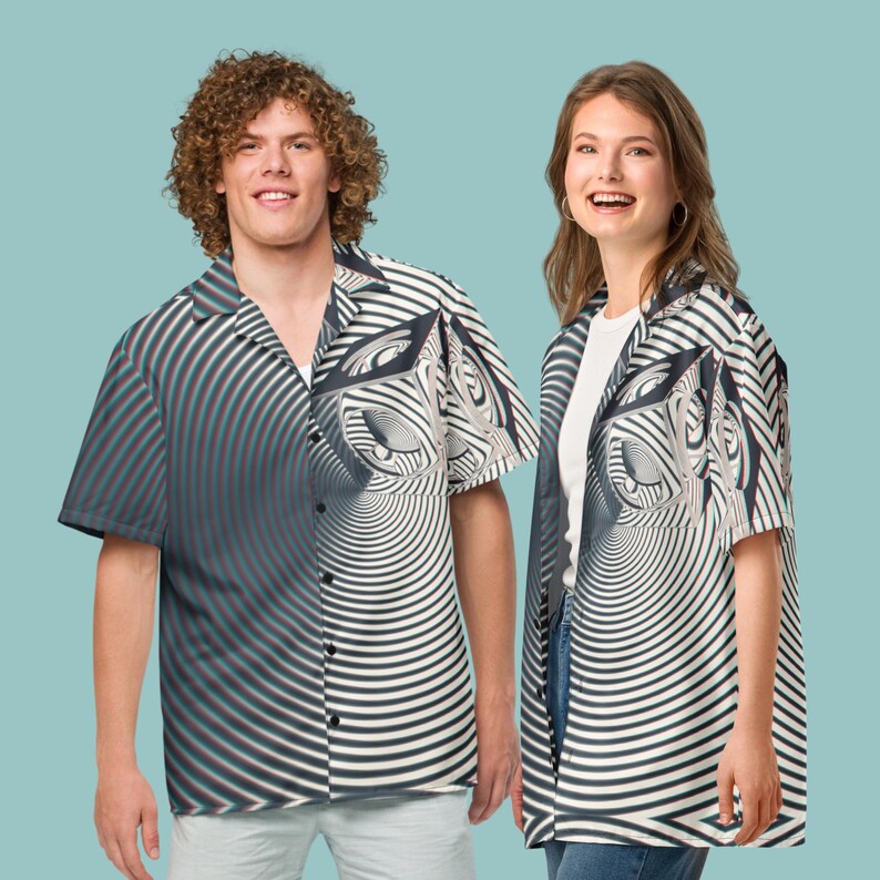 May include: Two people wearing short-sleeved button-down shirts with a black and white optical illusion pattern. The pattern features a swirling, hypnotic design with red and blue accents.