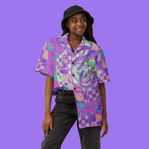 Edgy Pink 90s Button Down Shirt Oversized Checkered Graphic Button Up Shirt Geometric Hawaiian Shirt Funky Partywear Blouse Retro Punk Top