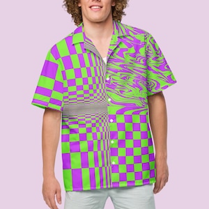 Green Purple Checkered Button Down Shirt, Neon Rave Festival Shirt, Retro Y2K Partywear Blouse, Oversized Acid Button Up Shirt