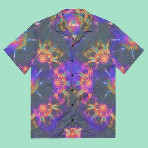 Psychedelic Neon Hawaiian Shirt, Sacred Geometry Button-Up Shirt, Oversized Boho Rave Outfit, Trippy Summer Partywear, Festival Blouse