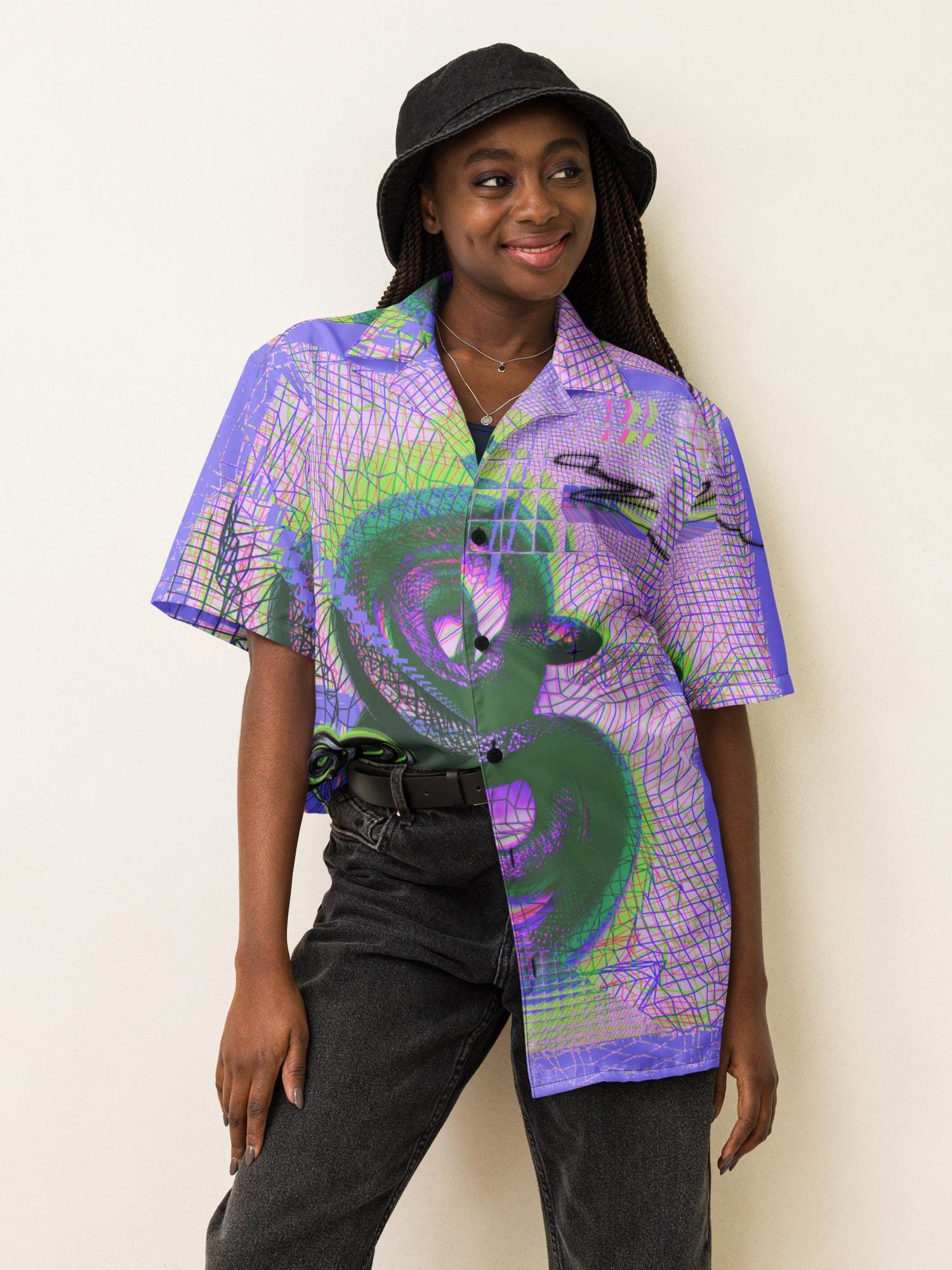 Cyberpunk Snake Button Down Shirt, Oversized Techno Rave Button up