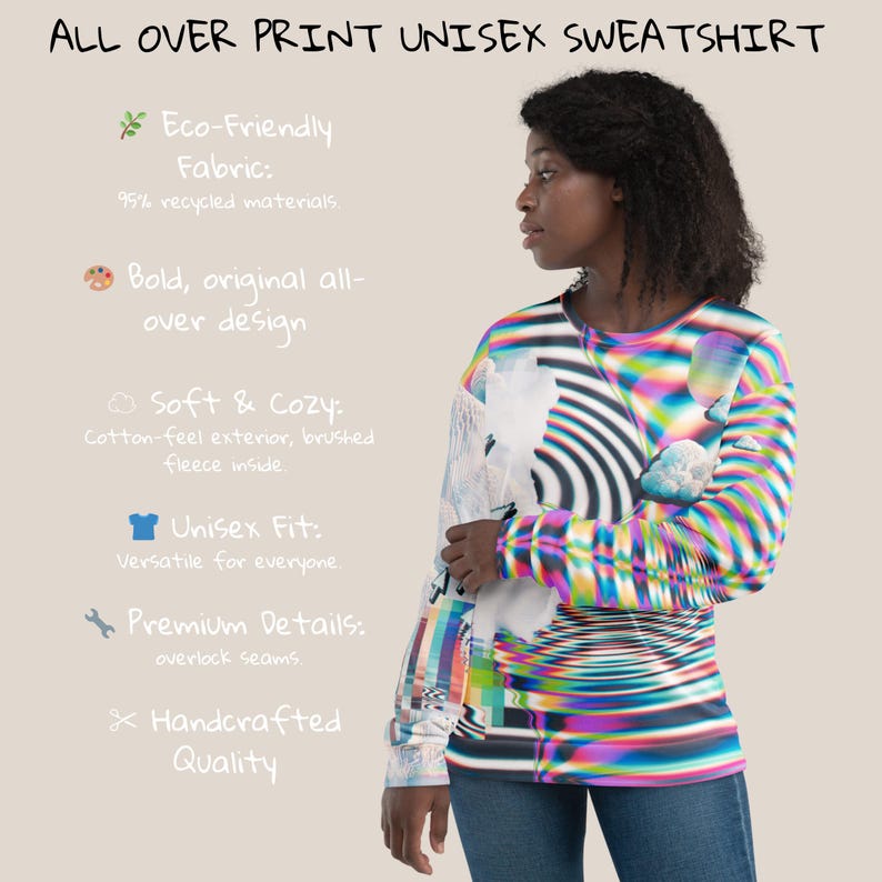 May include: A unisex sweatshirt with a colorful, abstract all-over print. The sweatshirt is made from eco-friendly fabric with 95% recycled materials. It features a soft cotton-feel exterior and brushed fleece inside. The sweatshirt has overlock seams and is handcrafted.