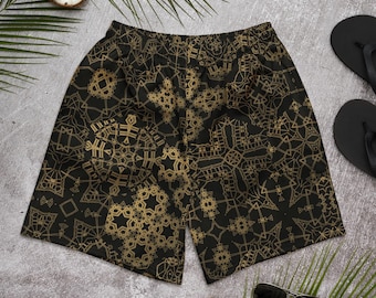 Black and Gold Geometric Unisex Shorts, Rave Festival Bottoms for EDM, Athletic Trunks for Men and Women, Recycled Workout Wear with Pockets
