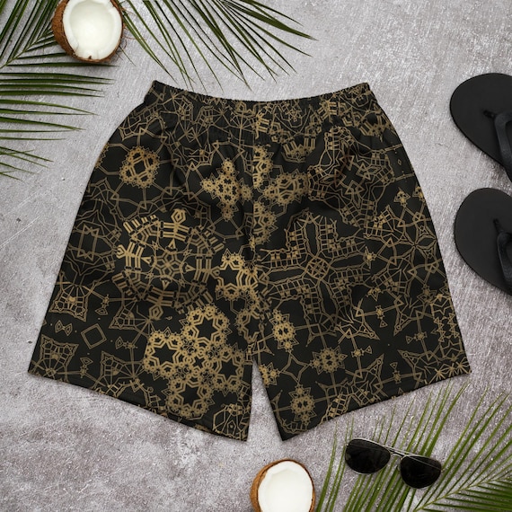 Black and Gold Geometric Unisex Shorts, Rave Festival Bottoms for EDM, Athletic Trunks for Men and Women, Recycled Workout Wear with Pockets