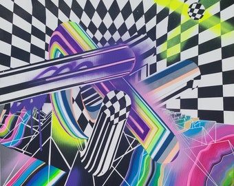 Abstract Geometric Acrylic Painting, Bright Pop Art Canvas, Vaporwave Graffiti Wall Art, Psychedelic Illusion Handmade Art