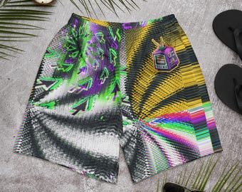 Glitchcore Arcade Shorts, Y2K Pixel Festival Trunks, Vaporwave TV Rave Shorts, Cyberpunk Techwear Unisex Active Shorts