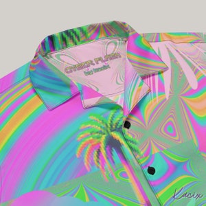 Psychedelic Tropical Hawaiian Shirt Neon Cyber Techwear Button Up Shirt Trippy Rave Holiday Clothes Palm Beach Shirt