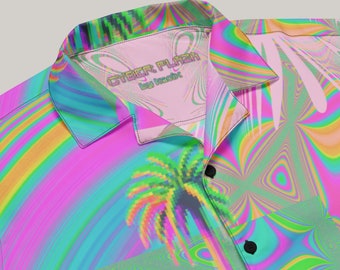 Camicia hawaiana tropicale psichedelica Camicia con bottoni al neon Cyber Techwear Camicia da vacanza Trippy Rave Camicia da Palm Beach