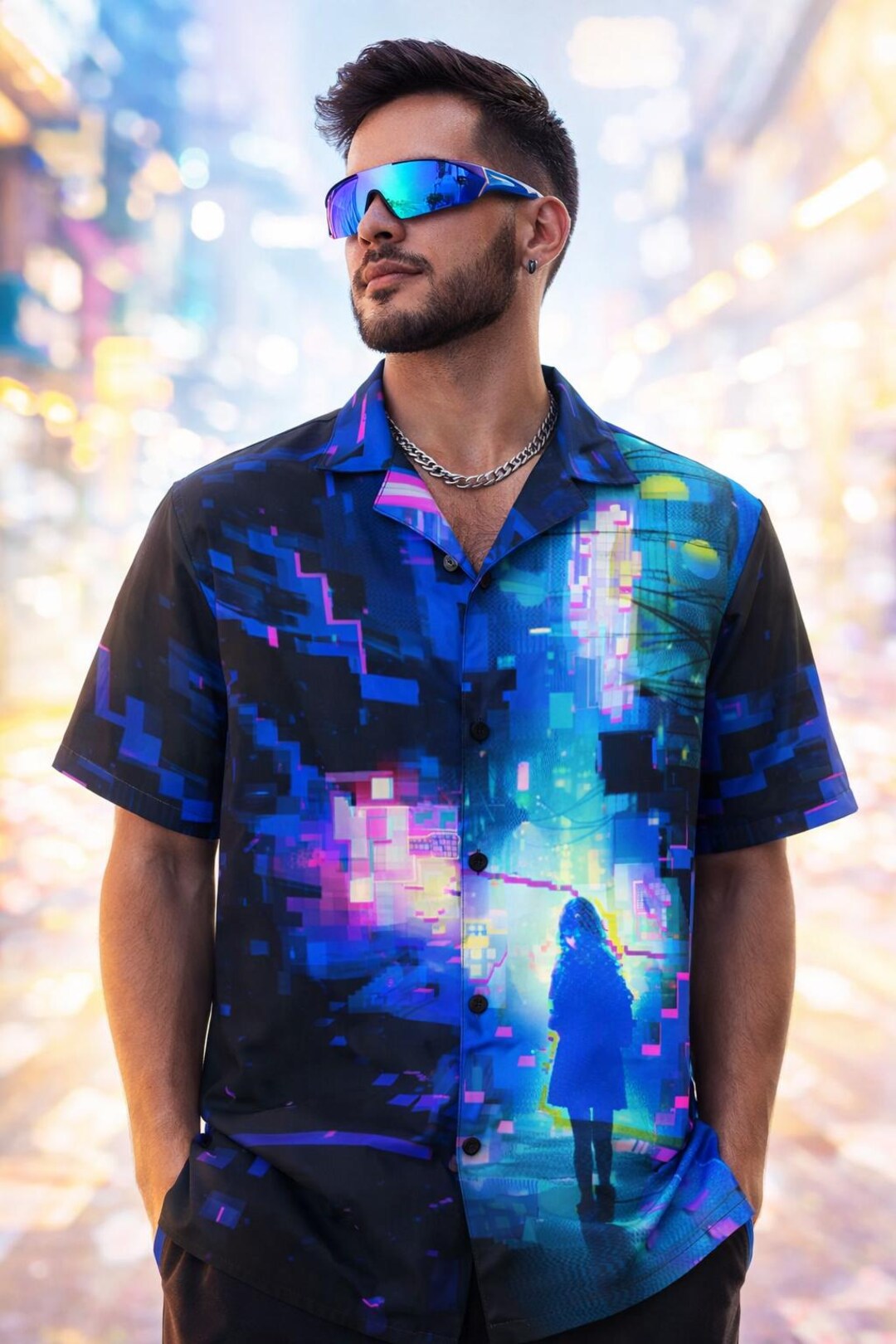 Neon Cyberpunk Button-down Shirt, Rave Techwear, Glitch Art Print