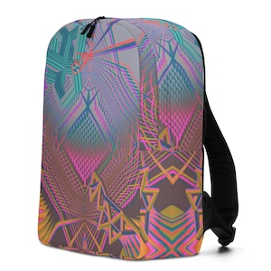 May include: A backpack with a vibrant, geometric design in shades of teal, pink, orange, and purple. The backpack features a black zipper and straps, offering a stylish and functional accessory for carrying essentials.