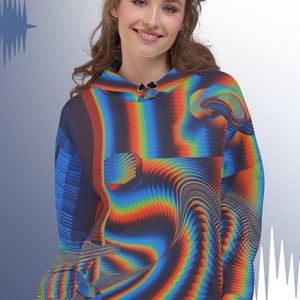 May include: A blue, black and rainbow hoodie with a swirling, abstract pattern. The hoodie has a drawstring hood and a kangaroo pocket.