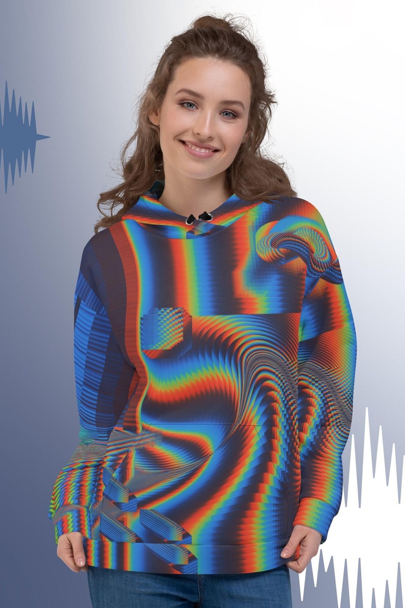 May include: A blue, black and rainbow hoodie with a swirling, abstract pattern. The hoodie has a drawstring hood and a kangaroo pocket.