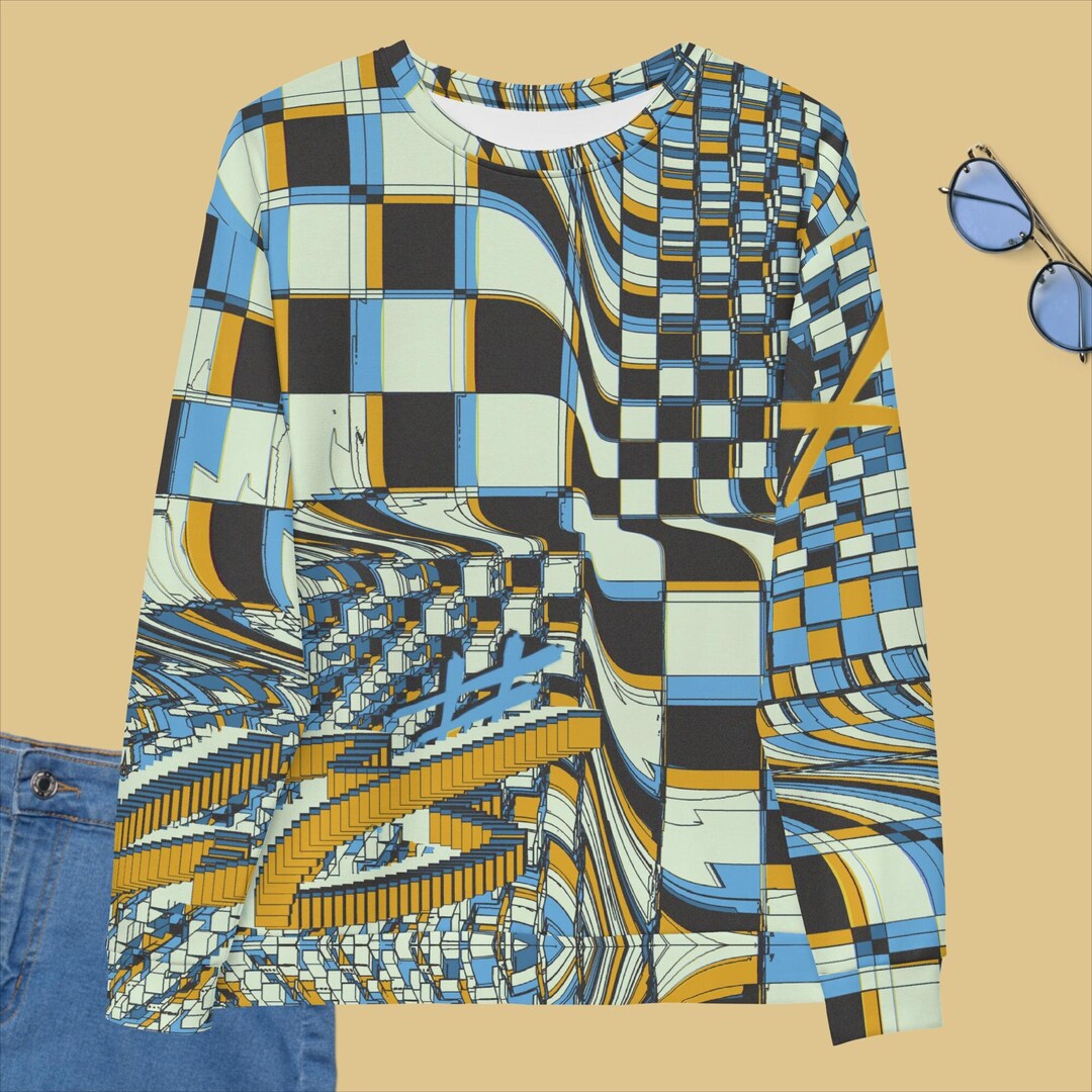 Checkered Retro Punk Sweatshirt All Over Printed Abstract Crewneck ...