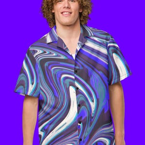 Psychedelic Swirl Hawaiian Shirt Bold Edgy Purple Button Up Oversized Abstract Button Down Shirt Trippy Funky Partywear Blouse