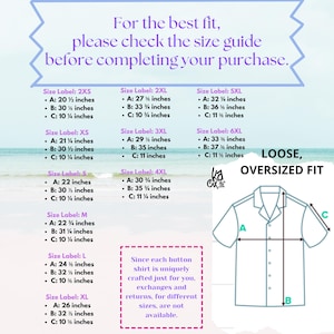 May include: A size guide for button-down shirts, with measurements in inches for sizes 2XS to 6XL. The guide shows measurements for A, B, and C, and a shirt diagram. Text advises checking the guide before purchase. Loose, oversized fit.