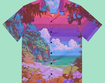 Vaporwave Tropical Button Up Shirt, Aesthetic Sunset Hawaiian Shirt, Dreamcore Beach Button Down, 80s Nostalgic Vacation Blouse