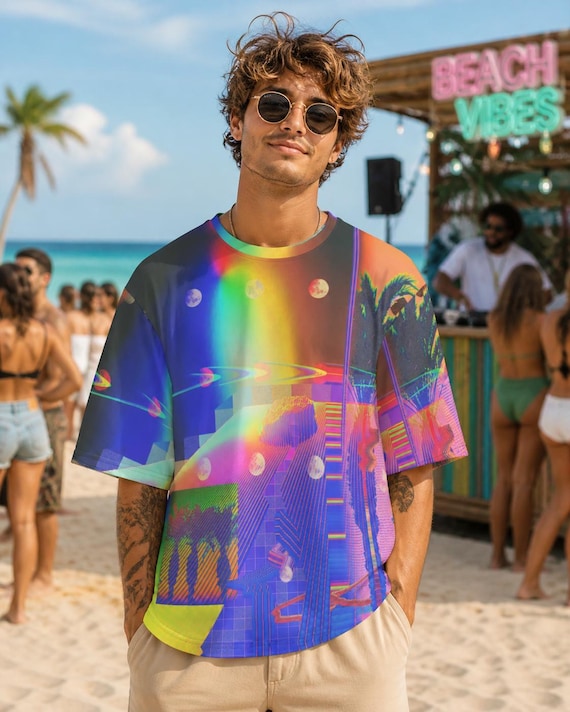 Moon Glitch Vaporwave Palm Tree Tee, Neon Retro Futurism Oversized Cotton Shirt