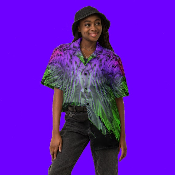 Neon Green Purple Rave Button up Shirt for Men and Women Hawaiian