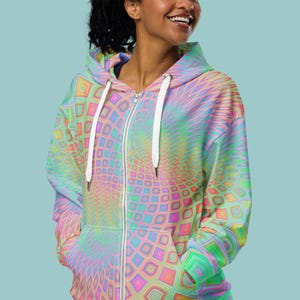 Pastel Rainbow Zip Up Hoodie, Dreamcore Psychedelic Jacket, Trippy Holographic Festival Hoodie, Y2K Vaporwave Streetwear