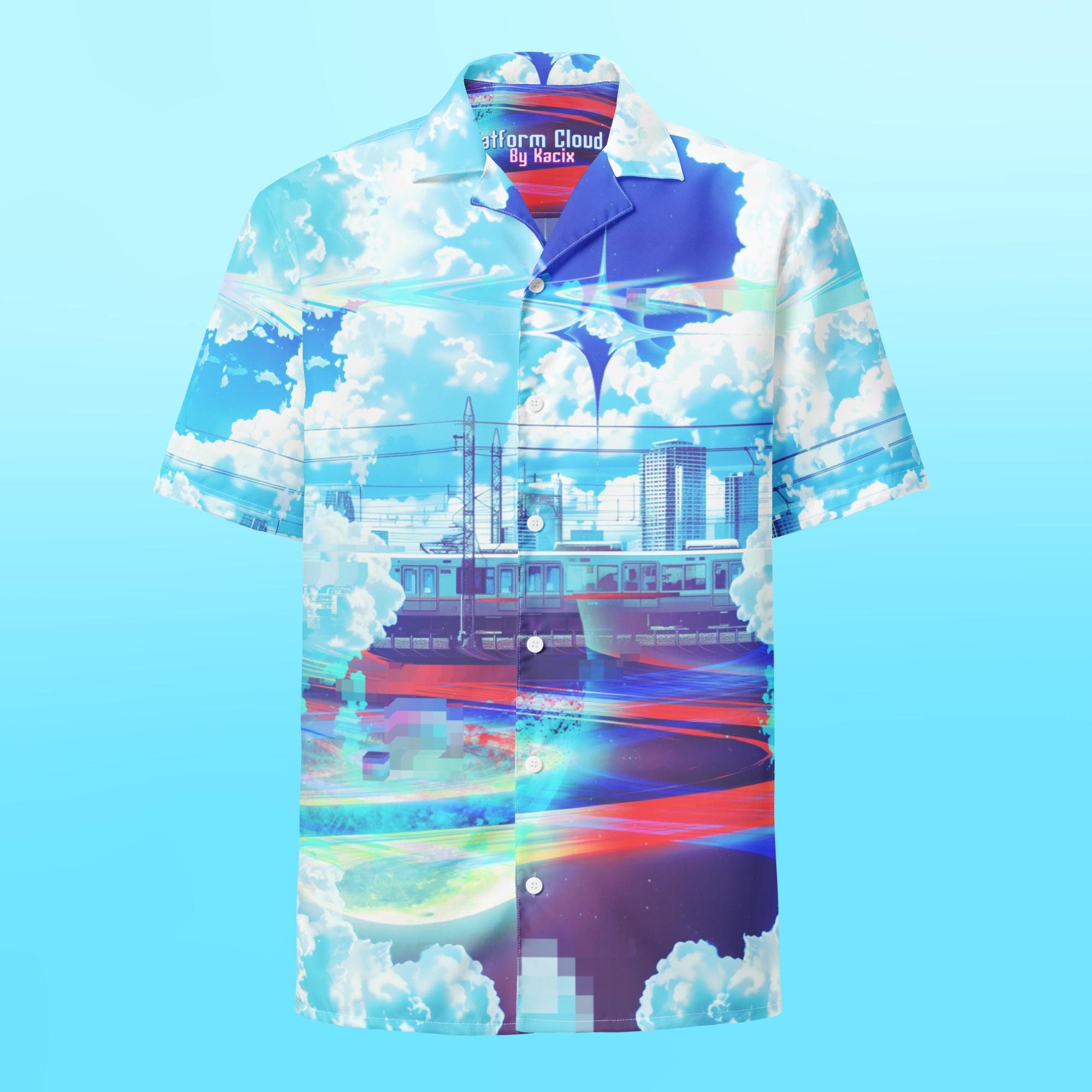 【DAVRILSUPPLY】人気沸騰! BLUE WASHED SCRIPT T-SHIRT 関送込 Blue Hawaiian Shirt Futuristic Button up Shirt Solarpunk