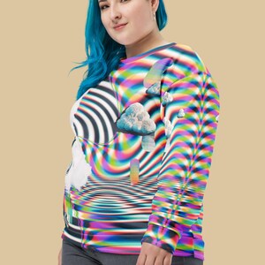 May include: A long-sleeved sweatshirt with a colorful, psychedelic print featuring clouds, rainbows, and a swirling pattern. The print is reminiscent of a trippy optical illusion.