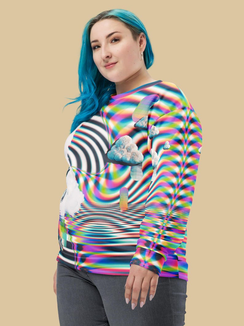 May include: A long-sleeved sweatshirt with a colorful, psychedelic print featuring clouds, rainbows, and a swirling pattern. The print is reminiscent of a trippy optical illusion.
