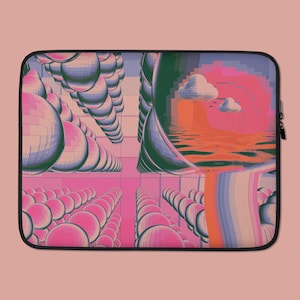 May include: A laptop sleeve with a psychedelic design featuring a pink and blue background with a repeating pattern of spheres. The design also includes a large sphere with a reflection of a sky with clouds and water.