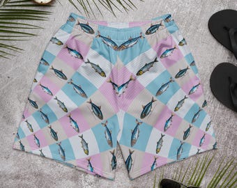 Shorts de cuadros con peces pastel: bañador con estampado retro de sardinas oceánicas, ropa deportiva ligera unisex de verano.