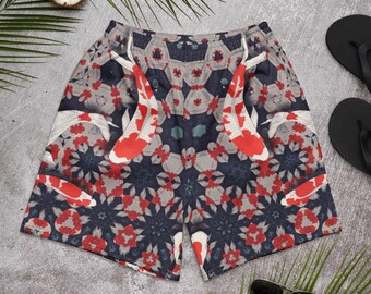 Koi Fish Shorts – Japanese Aesthetic Swim Trunks, Red and Navy Kaleidoscope Print Athletic Shorts, Summer Festival Activewear