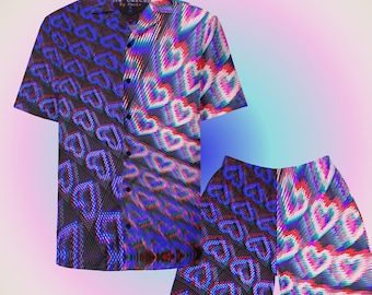 Neon Heart Button Down Shirt And Shorts Set - Valentine&#39;s Day Matching Outfit, Rave Festival Clothes, Trippy Top and Shorts Co-Cord Set