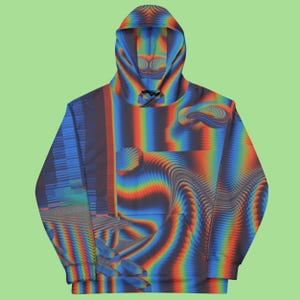 May include: A hooded sweatshirt with a colourful, abstract, psychedelic pattern. The pattern features a mix of blue, red, orange, yellow, and green colours.