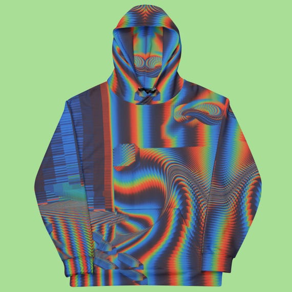 Trippy Glitch Art Hoodie, RGB Cyberpunk Aesthetic Streetwear, Retro Futuristic Techwear Pullover, Psychedelic Vaporwave Festival Hoodie