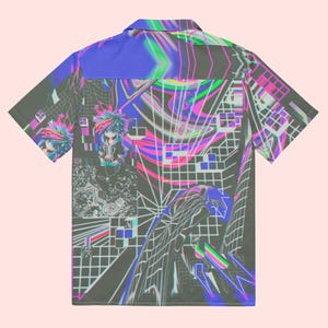 Neon Gamer Button Up Shirt Retro Arcade Hawaiian Shirt Cyberpunk Geek Tshirt Glitch Art Edgy Streetwear Unique Gaming Top Festival Blouse