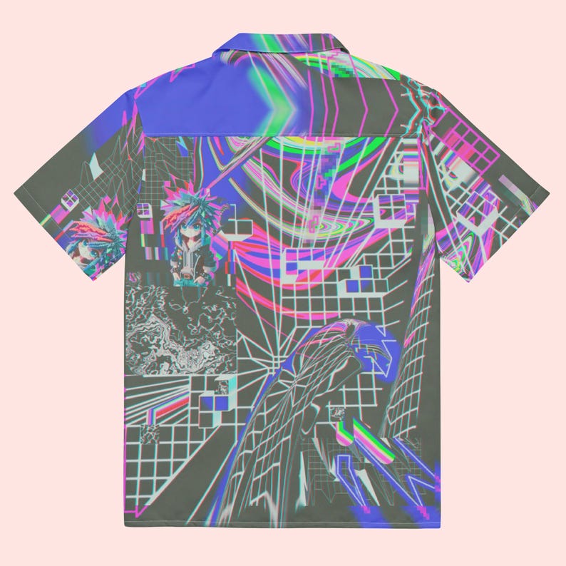 Neon Gamer Button Up Shirt Retro Arcade Hawaiian Shirt Cyberpunk Geek Tshirt Glitch Art Edgy Streetwear Unique Gaming Top Festival Blouse