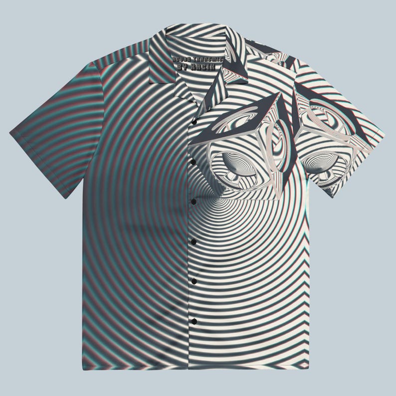 Futuristic Minimalist Button Up Shirt, Trippy Monochrome Button Down, Statement Festival Top, Hypnotic 3D Art Rave Outfit, Edgy Streetwear
