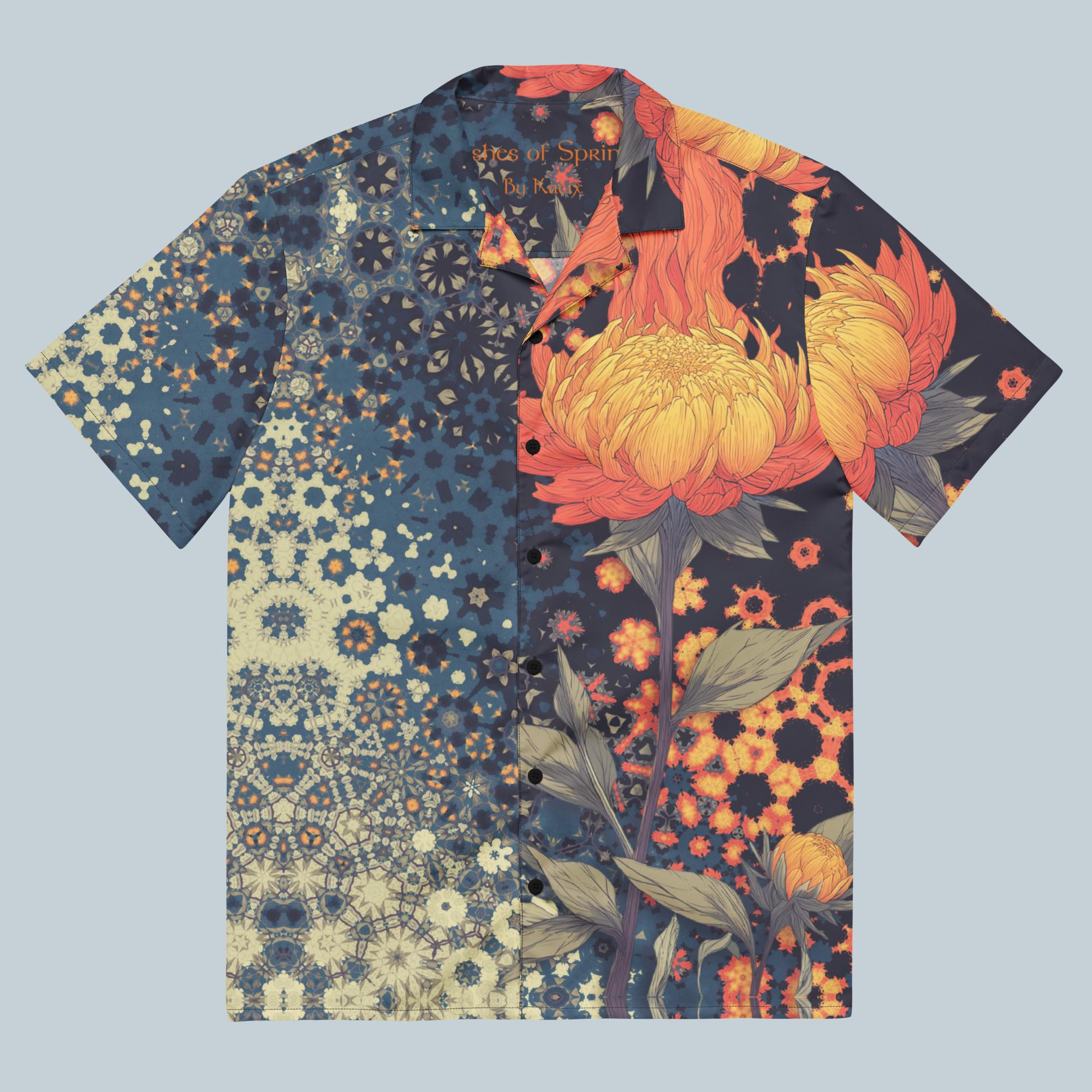 Dystopian Sacred Geometry Festival Shirt, Trippy Burning Flower Button-Up, Oversized Floral Blouse, Boho Ravewear