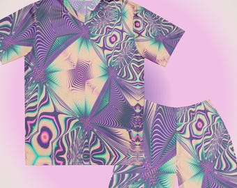 Pastel Purple Psychedelic Shirt and Shorts Set, Trippy Kaleidoscope Festival Outfit, Abstract Cyberpunk Rave Matching Set, Activewear Co-ord